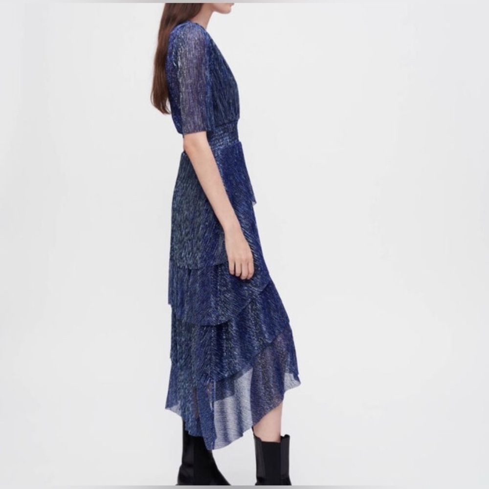 Maje Metallic Blues/Black & Silver Tiered V-Neck Midi Dress - Picture 6 of 10
